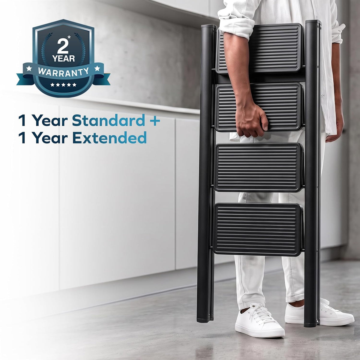 Corvids 4-Step Heavy-Duty Carbon Steel Step Stool, 2-Year Warranty, Anti-Slip Wide Steps, Portable Multipurpose Folding Step Ladder for Home, Kitchen & Office Use (Black)