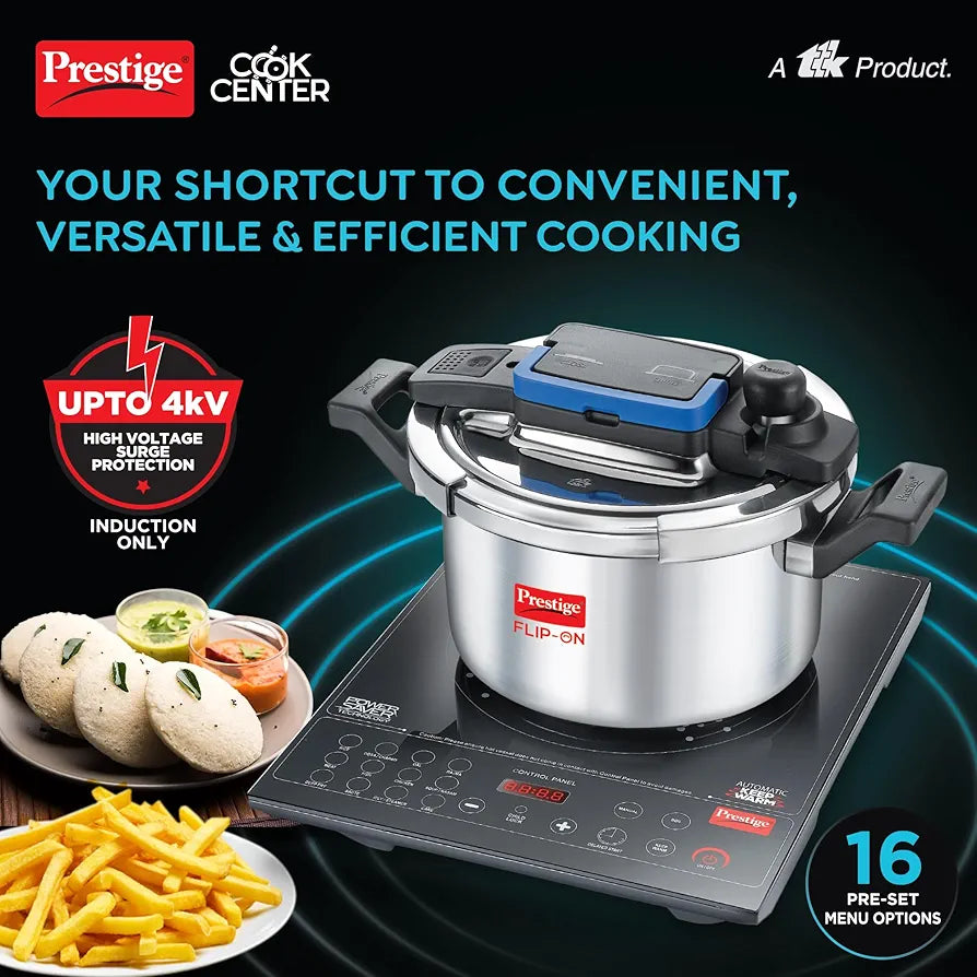 Prestige Cookcenter Induction Cooktop, Flip On Stainless Steel Pressure Cooker 5L 22cm Dia with Glass Lid, 4 Idly Plates, Frying Basket, Cake Mould 2.1, Cooker Separator 19cm Dia