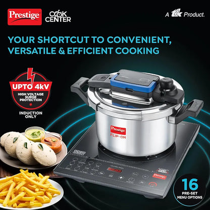 Prestige Cookcenter Induction Cooktop, Flip On Stainless Steel Pressure Cooker 5L 22cm Dia with Glass Lid, 4 Idly Plates, Frying Basket, Cake Mould 2.1, Cooker Separator 19cm Dia