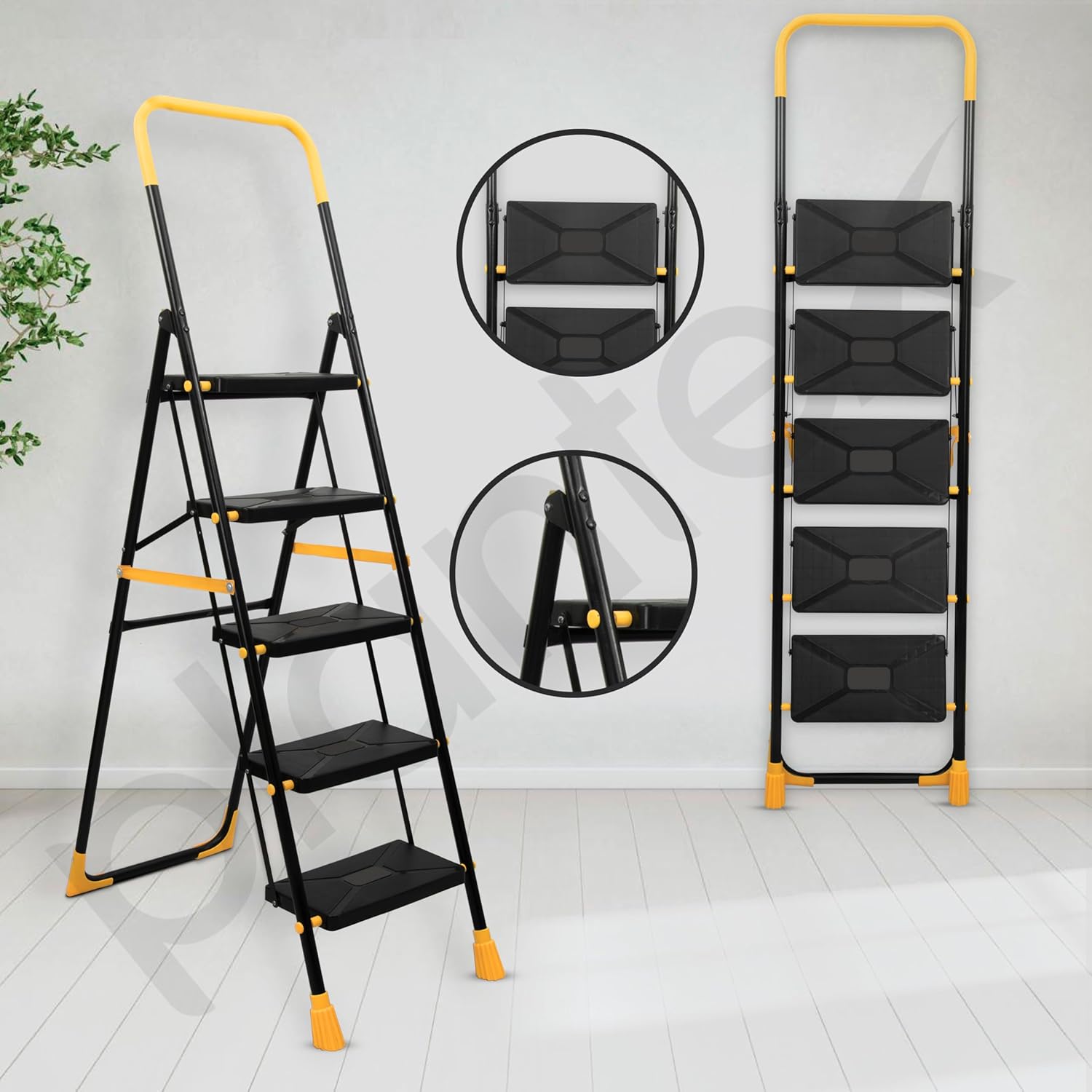 Plantex Premium Steel 5 Step Foldable Ladder for Home use/Folding Step Ladder with Anti Slip Steps and PVC Shoes/Portable ladders with Knee Guard Protection (Yellow & Black)