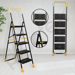 Plantex Premium Steel 5 Step Foldable Ladder for Home use/Folding Step Ladder with Anti Slip Steps and PVC Shoes/Portable ladders with Knee Guard Protection (Yellow & Black)