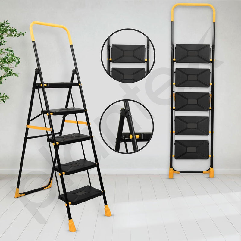 Plantex Premium Steel 5 Step Foldable Ladder for Home use/Folding Step Ladder with Anti Slip Steps and PVC Shoes/Portable ladders with Knee Guard Protection (Yellow & Black)