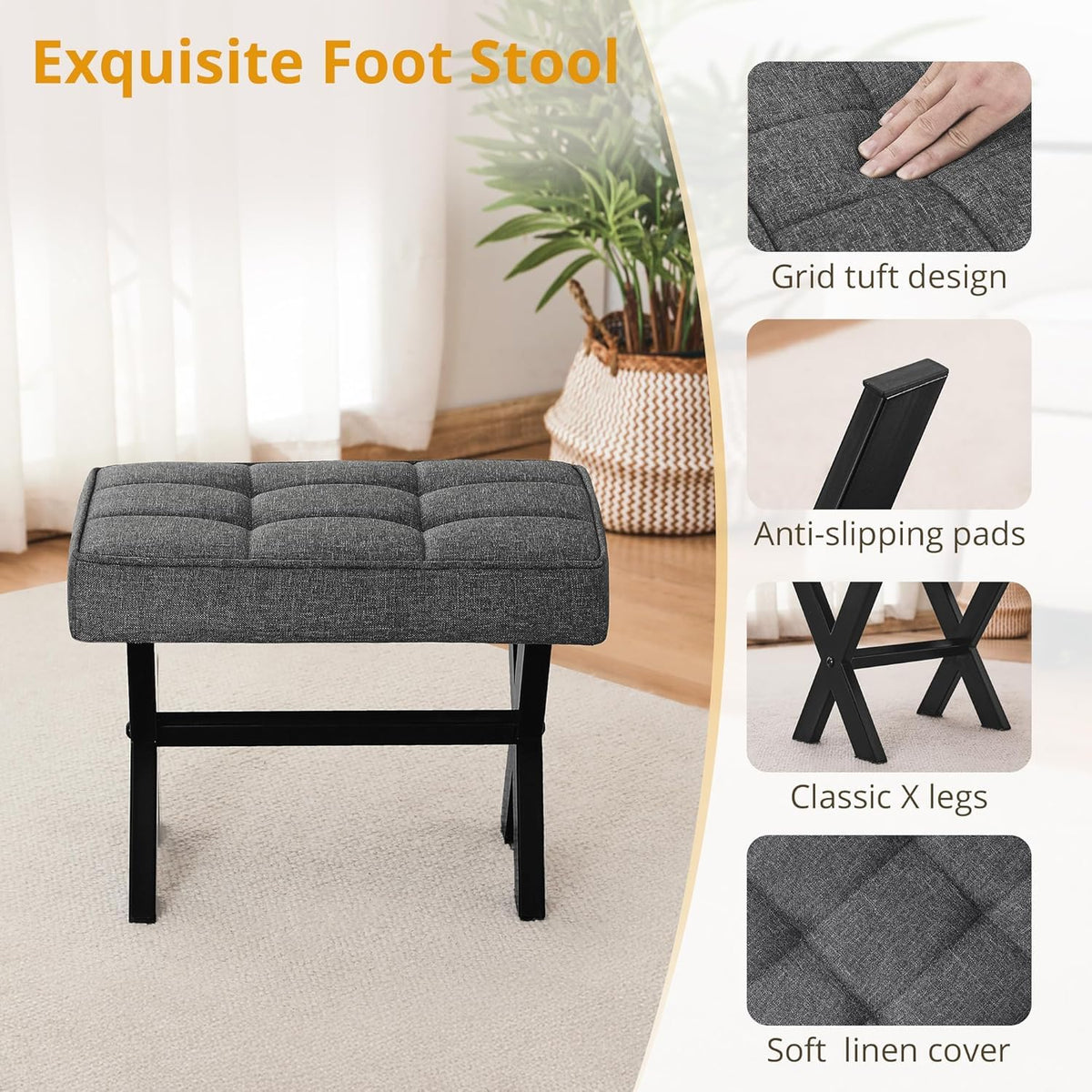 Solid Sheesham Foot Stool, 12" H Small Foot Stools Ottoman, Durable Linen Footstool X-Leg, Padded Foot Rest Ste
