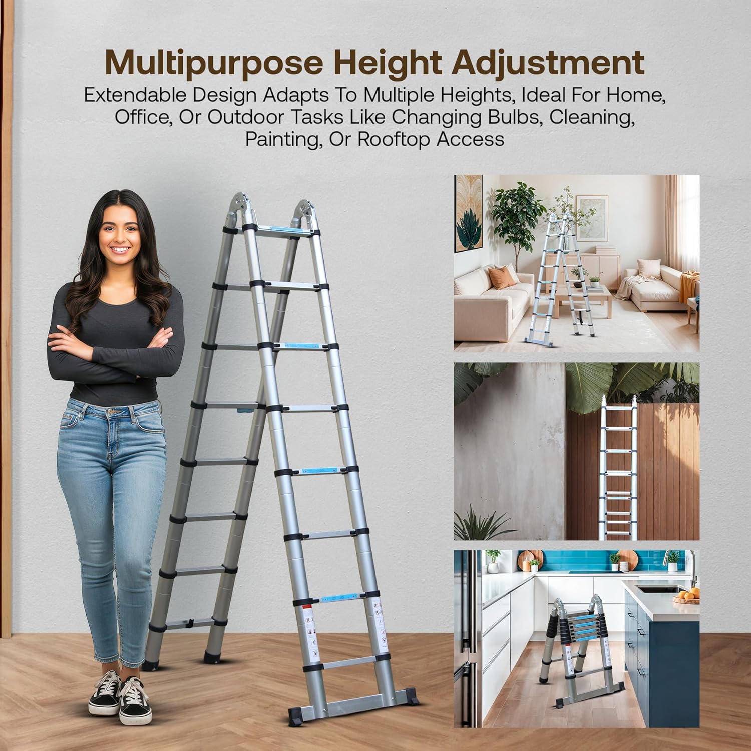 Bonkaso A-Shaped Telescopic Ladder 5 m (16.5 Ft), Premium Aluminum Alloy Folding Extension Ladder, EN131 Certified, 150kg Load Capacity, Anti-Slip Feet, Compact & Portable for Home and Outdoor Use