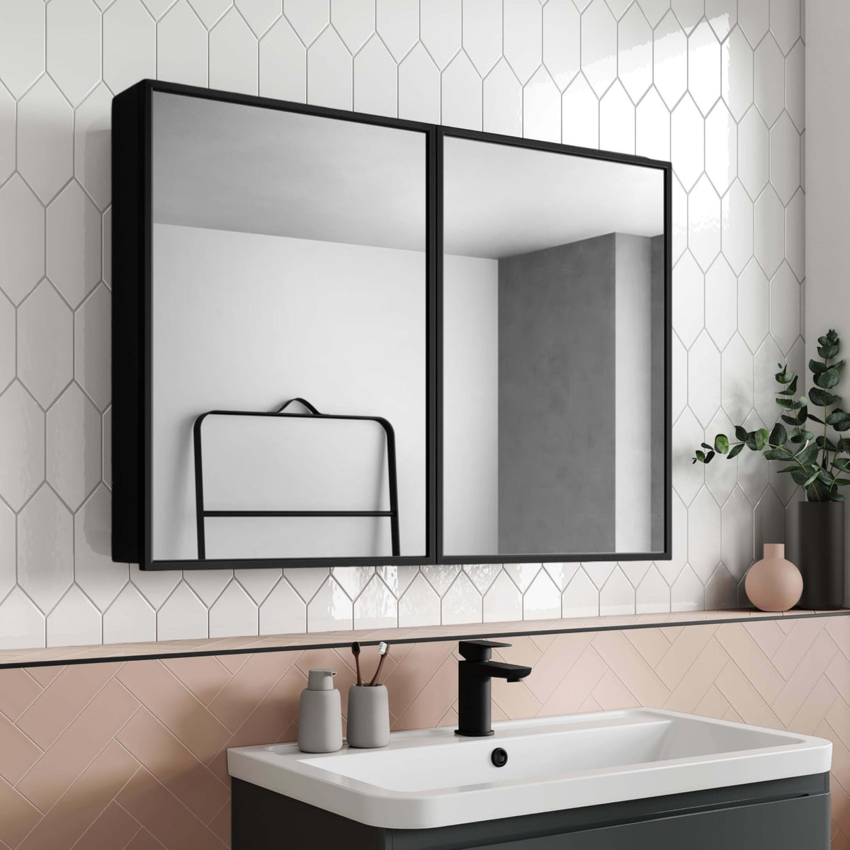 Plantex Bathroom Cabinet with Mirror/Aluminium Framed Double Door Bathroom Cabinet Storage/Mirror Cabinet for Bathroom Wall/Bathroom Organiser Cabinet (24x32 Inch, Black)-4