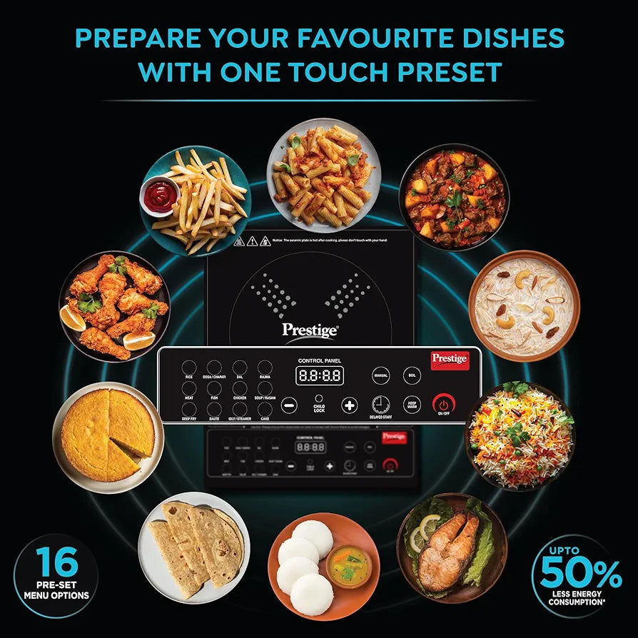 Prestige Cookcenter Induction Cooktop, Flip On Stainless Steel Pressure Cooker 5L 22cm Dia with Glass Lid, 4 Idly Plates, Frying Basket, Cake Mould 2.1, Cooker Separator 19cm Dia