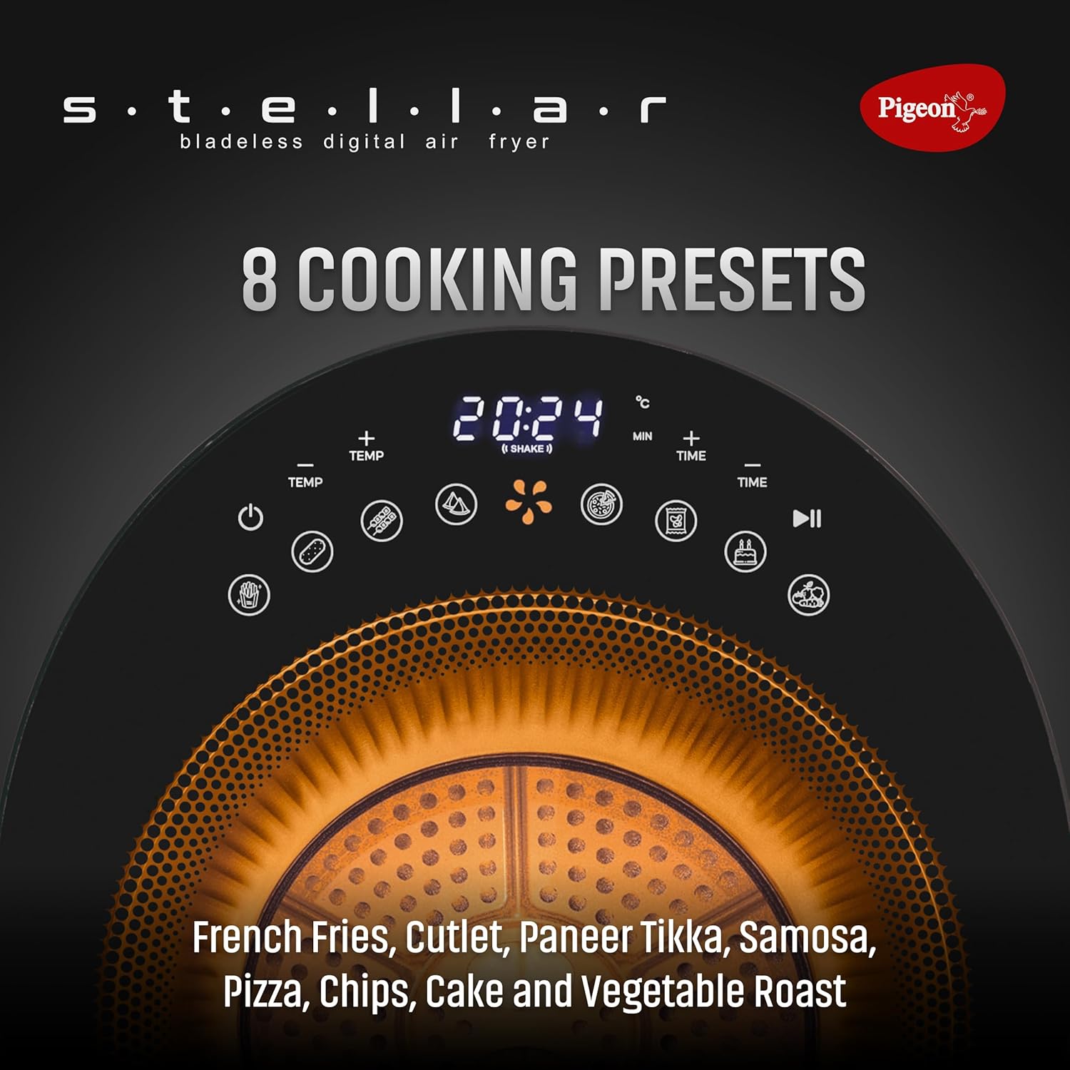 Pigeon by Stovekraft STELLAR Air Fryer Large 5.5L | 1500W BLADELESS Airfryer | Unique See Through Top View Glass | 360 AirWhirl Technology | Digital Touchscreen | 8 PRESETS Menu | Shake Feature