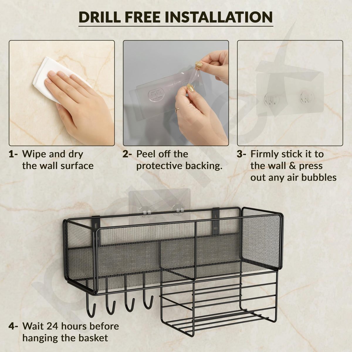Plantex Self Adhesive Bathroom Shelf/Bathroom Organiser Without Drill/Hanging Rack for Kitchen Storage/Modern Shower Bin for Office/Dining Room/Multipurpose Rack -Pack of 1 (Black)-6