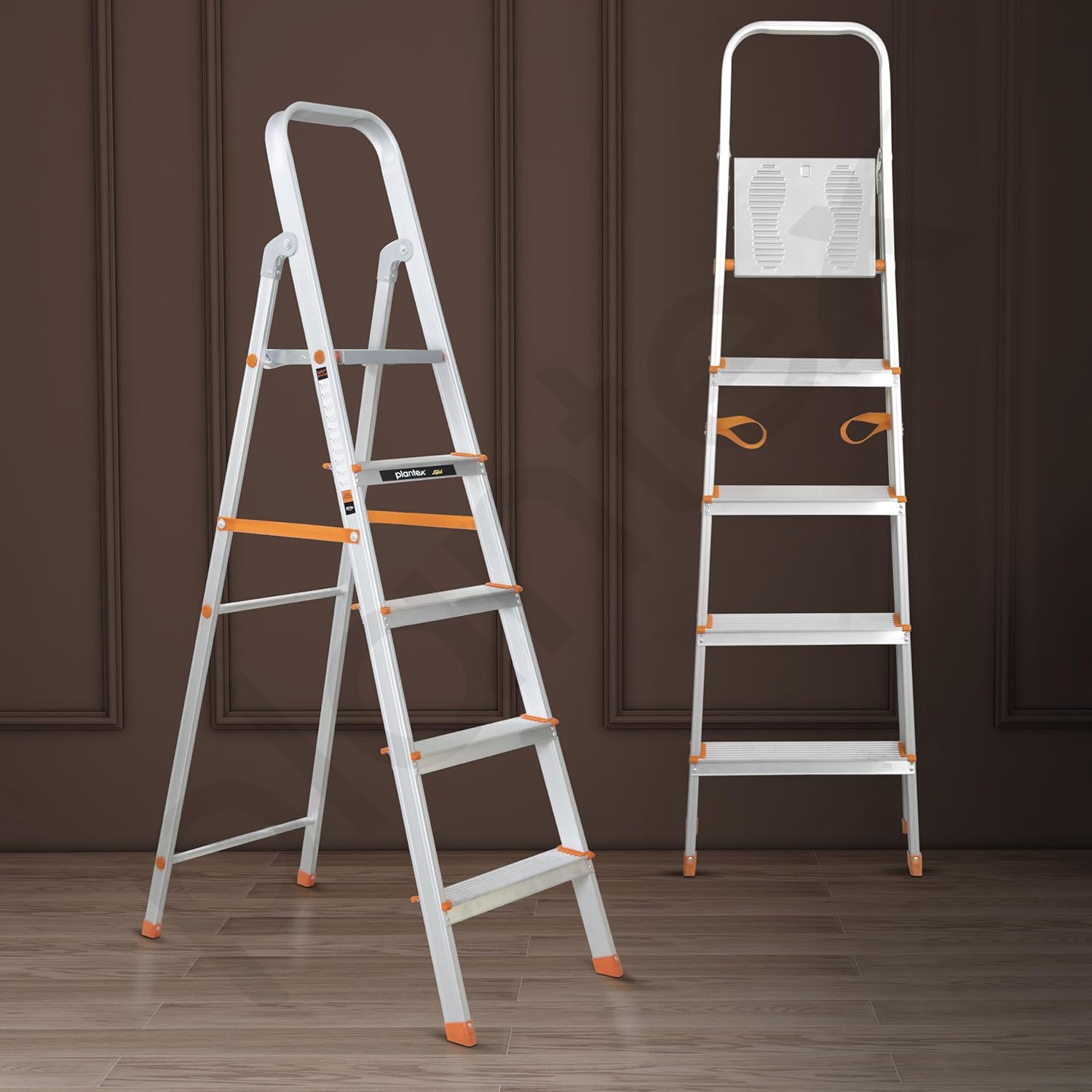 Plantex Restructured Legend Aluminium Folding 5 Step Ladder for Home - 5 Wide Step Ladder (Orange-Chrome)