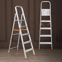 Plantex Restructured Legend Aluminium Folding 5 Step Ladder for Home - 5 Wide Step Ladder (Orange-Chrome)