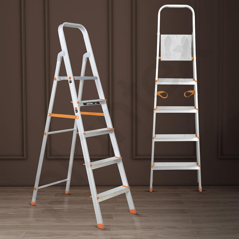 Plantex Restructured Legend Aluminium Folding 5 Step Ladder for Home - 5 Wide Step Ladder (Orange-Chrome)