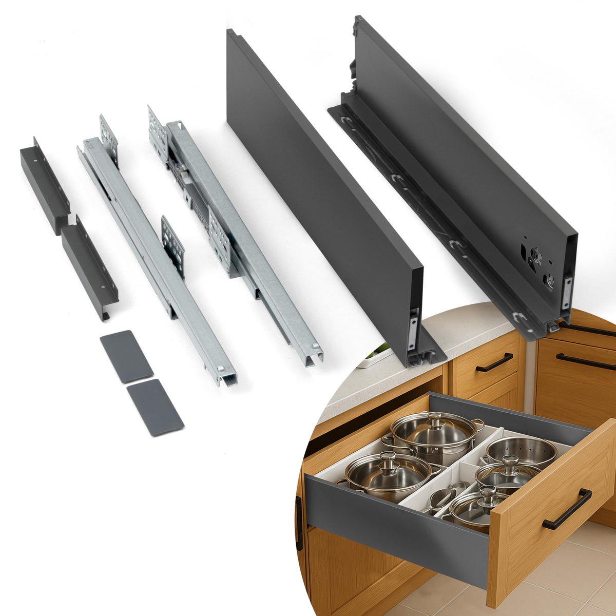 Plantex Tandem Box Drawer for Kitchen/Soft Close Tandem Box for Modular Kitchen/Tandem Basket/Load Capacity Upto 45 Kg - Grey (20 x 6 inch)