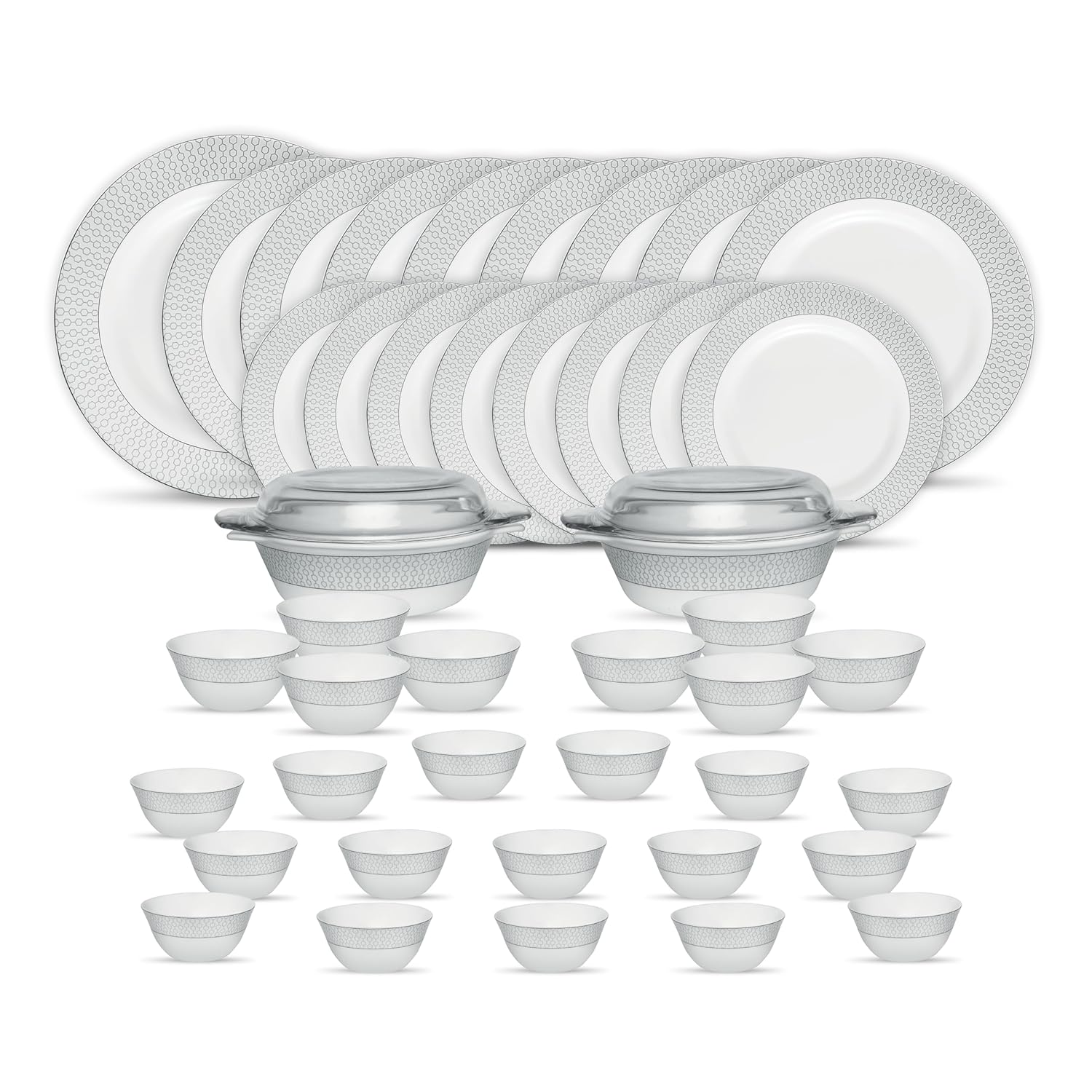 La Opala Diva Velvett Collection Opal Glass Crockery | for Family of 8 | Dinner Set 45 pcs Stella Grey | Plates & Bowls for Dining | Microwave Safe | 100% Vegetarian | Extra Strong | Light & White