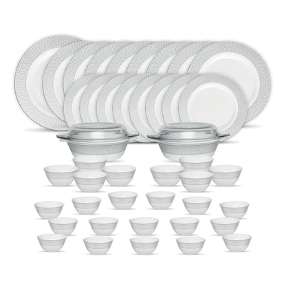 La Opala Diva Velvett Collection Opal Glass Crockery | for Family of 8 | Dinner Set 45 pcs Stella Grey | Plates & Bowls for Dining | Microwave Safe | 100% Vegetarian | Extra Strong | Light & White
