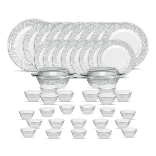 La Opala Diva Velvett Collection Opal Glass Crockery | for Family of 8 | Dinner Set 45 pcs Stella Grey | Plates & Bowls for Dining | Microwave Safe | 100% Vegetarian | Extra Strong | Light & White