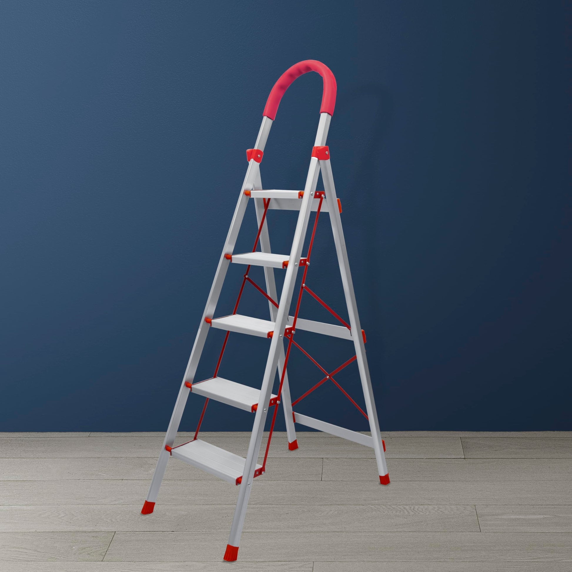 Plantex Stylo Heavy-Duty Mild-Steel Folding 4 Step Ladder for Home with Advanced Locking System/Wide Anti-Skid Step Ladder (Black & Blue)
