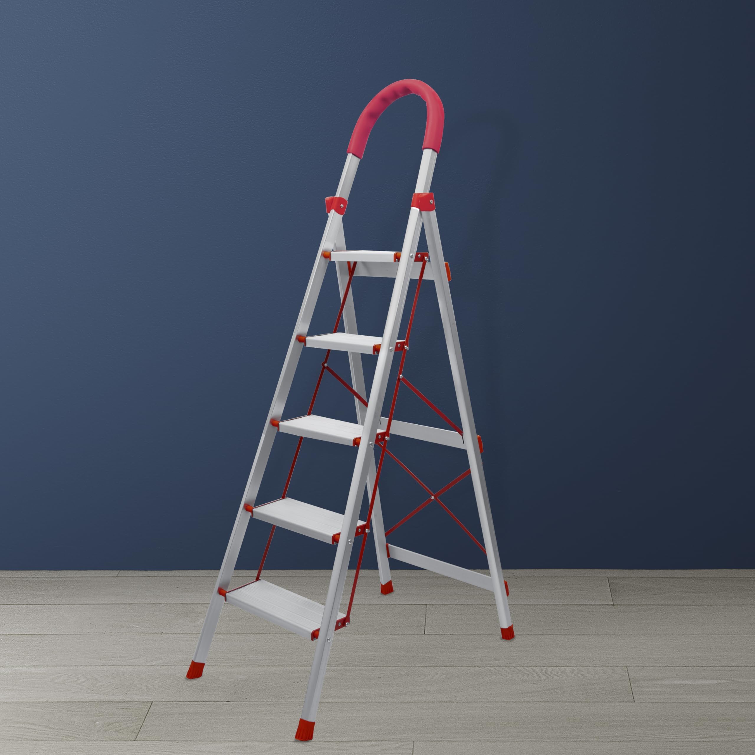 Plantex GI Steel 4-Step Ladder for Home/Easy to fold/Anti-Skid Wide Steps Ladder - (Aura, Black & Grey)