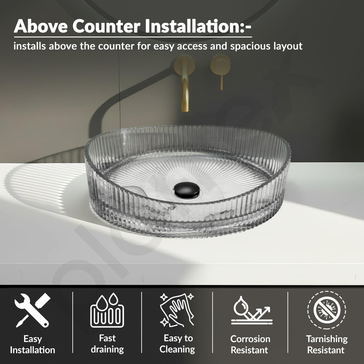 Plantex Transparent Glass Basin for Bathroom/Tabletop Round Wash Basin/Luxury Countertop Basin for Home/Office/Hotel (Somky - 20 x15 x 5.5 inch)-6