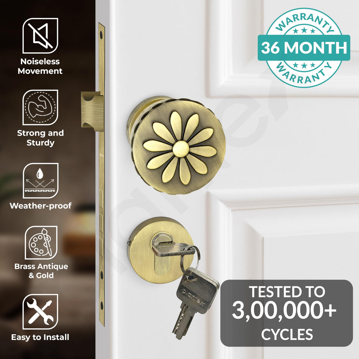 Plantex Heavy Duty Mortise Door Lock/Handle Set for Home/Office (Brass Antique & Gold)-2