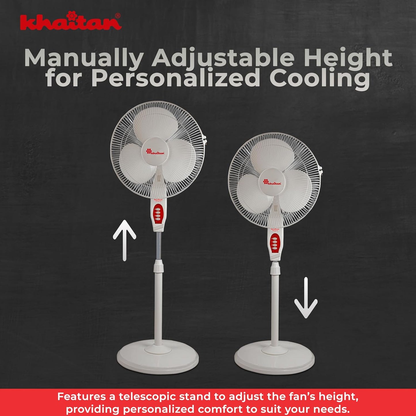 Khaitan Magma 400 MM 3-Blade Pedestal Fan | Adjustable Height | 3-Speed Control | Powder Coated Metal Grill | Telescopic Arrangement | 2-Yr Warranty | White
