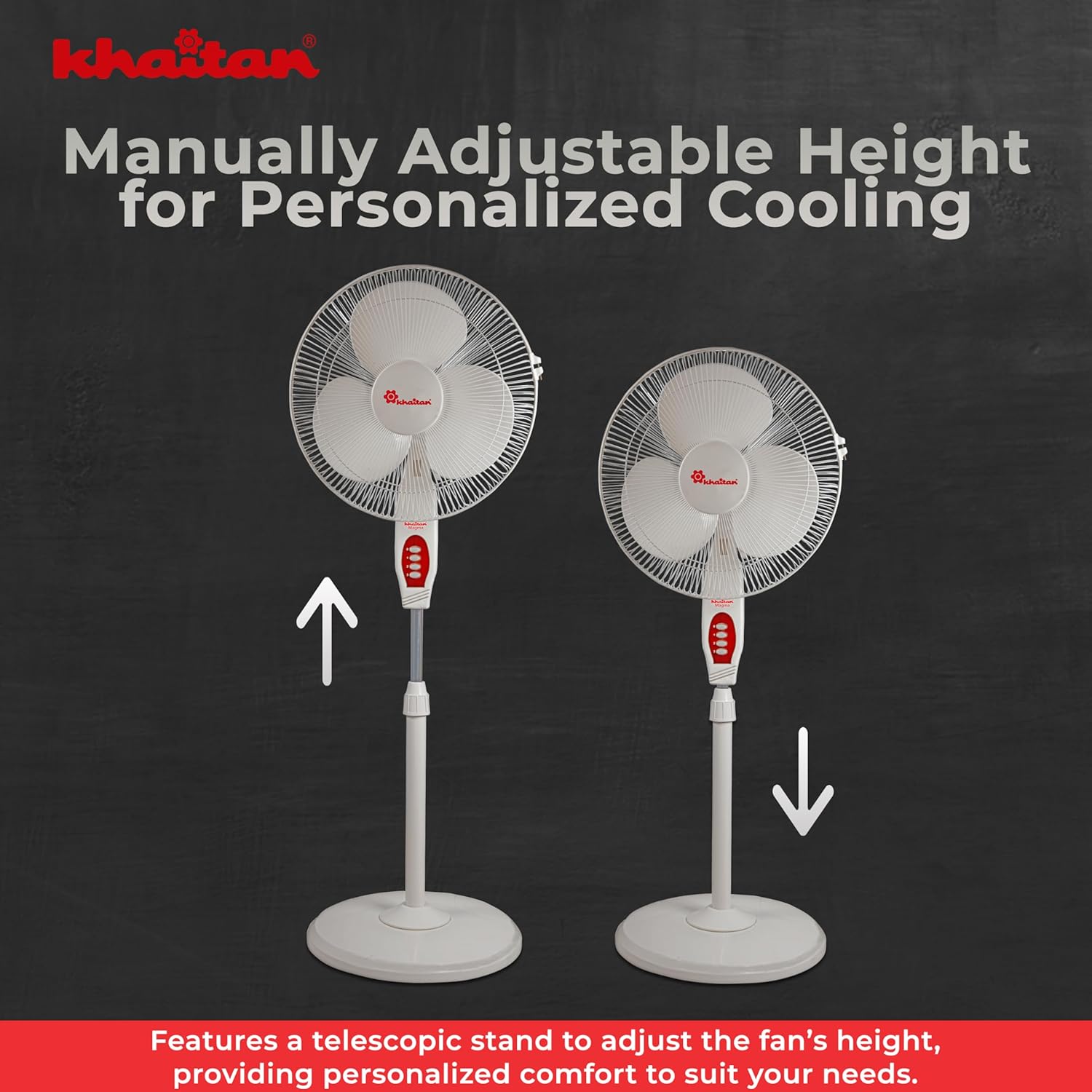 Khaitan Magma 400 MM 3-Blade Pedestal Fan | Adjustable Height | 3-Speed Control | Powder Coated Metal Grill | Telescopic Arrangement | 2-Yr Warranty | White