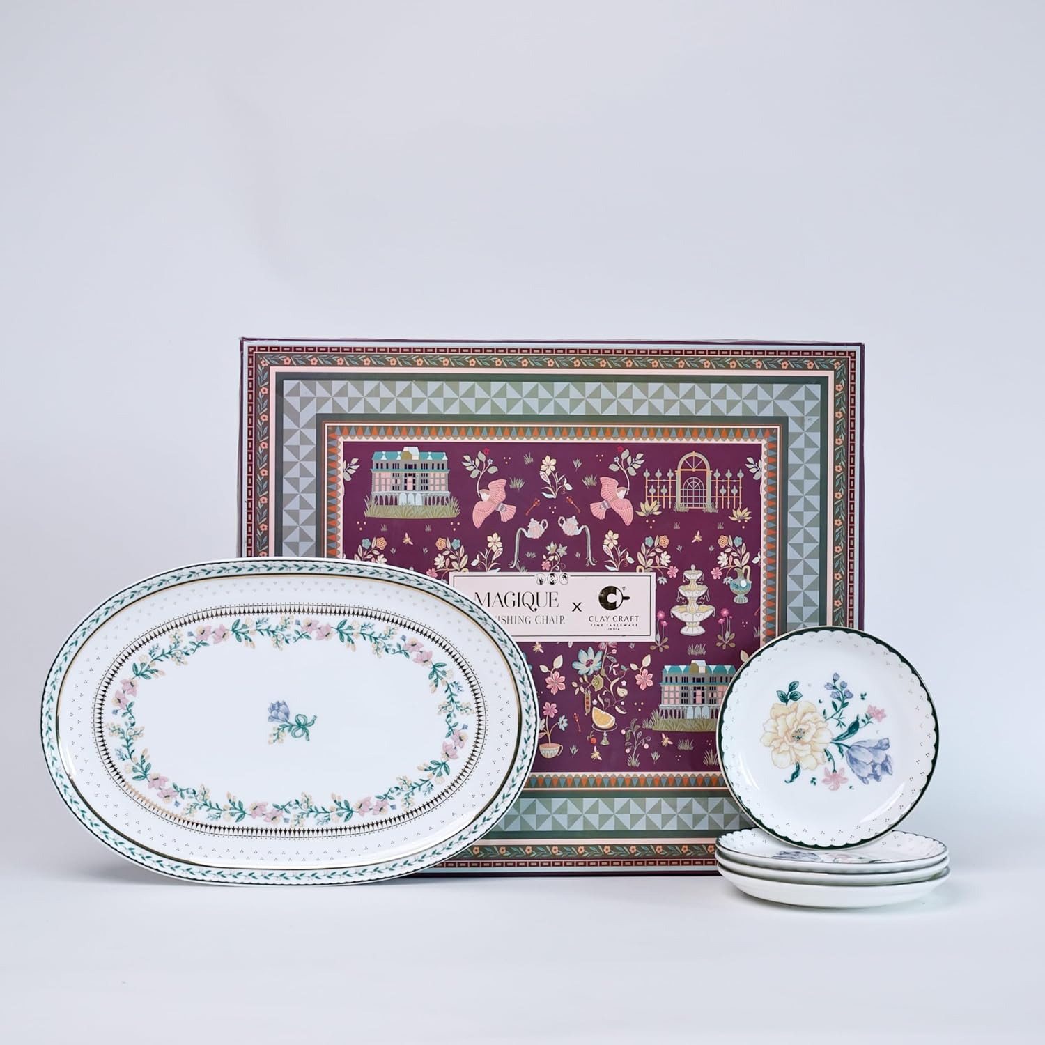 Magique by The Wishing Chair x ClayCraft : Emerald Ribbon - Amber Giftbox | Set of 4 Snack Plates & Serving Platter | Dishwasher Safe | Festive Gifting | GiftBox Packaging