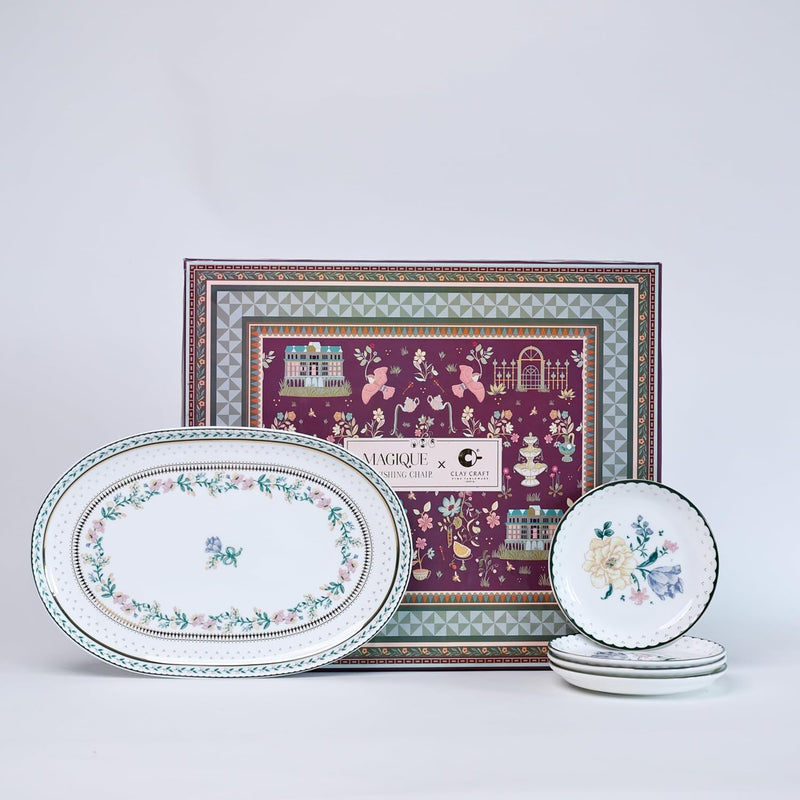 Magique by The Wishing Chair x ClayCraft : Emerald Ribbon - Amber Giftbox | Set of 4 Snack Plates & Serving Platter | Dishwasher Safe | Festive Gifting | GiftBox Packaging