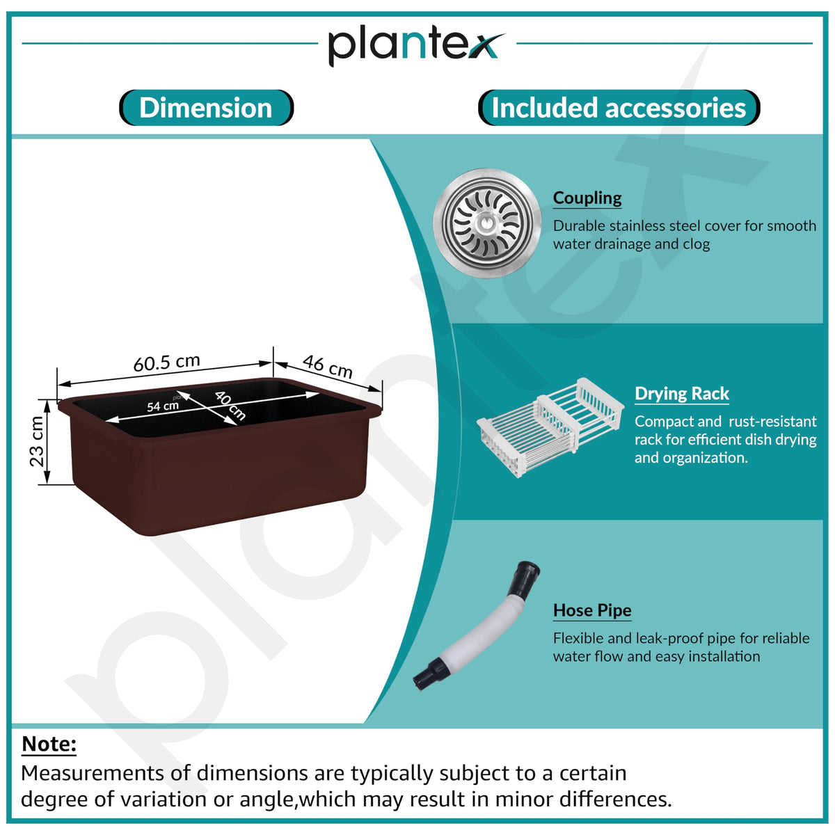 Plantex Quartz Matt Kitchen Sink/UV Protected Kitchen Sink/Undermount Sink for Kitchen/Metalic Single Bowl Sink with Coupling and Hose Pipe - Pack of 1 (24 x 18 inch, Choco Brown)-6