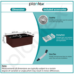 Plantex Quartz Matt Kitchen Sink/UV Protected Kitchen Sink/Undermount Sink for Kitchen/Metalic Single Bowl Sink with Coupling and Hose Pipe - Pack of 1 (24 x 18 inch, Choco Brown)-6