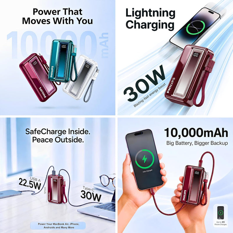 Philips 10000mAh 30W Max Fast Charging Power Bank (Iron Red) with Built-in Cable