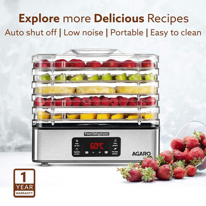 AGARO Regal Food Dehydrator, 5 Stackable Stainless Steel Trays, Digital Adjustable Timer & Temperature Control, Food Preserver Machine with Drying Capacity for Fruits, herbs, Veggies, Silver