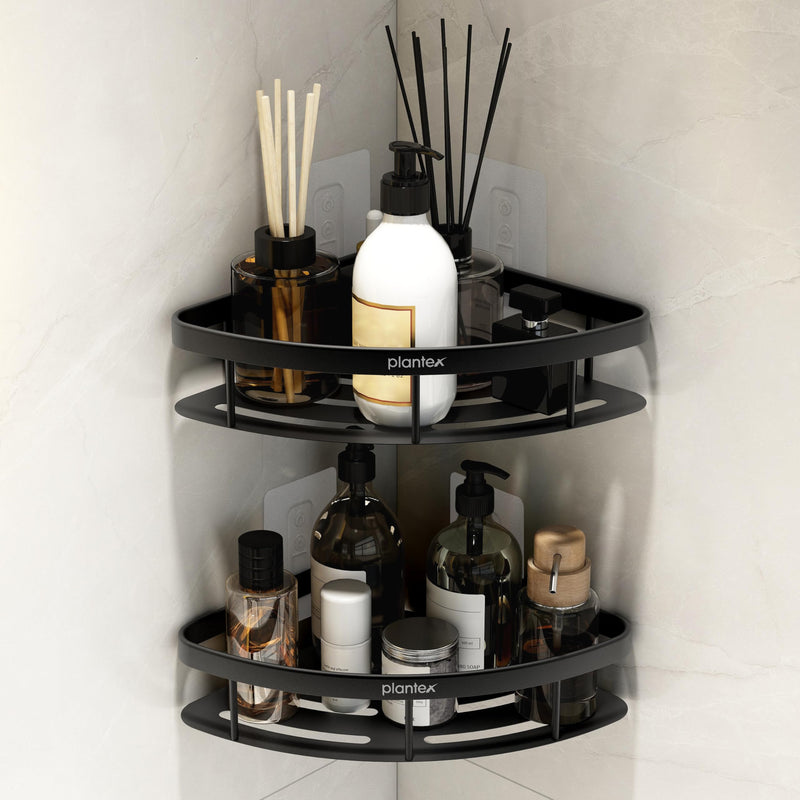 Plantex Corner Shelf for Bathroom Wall/No Drill Bathroom Organiser/Aluminium Corner Shelf for Kitchen/Self Adhesive Shelf (9x9 inches, Matt Black) - Pack of 2-1