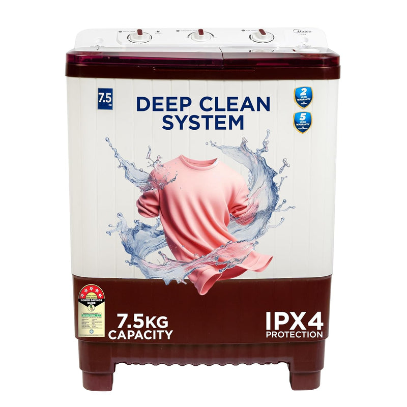 Midea 7.5 kg 5 star Semi Automatic Top Loading Washing Machine, Maroon, Rust proof Body, Air Dry Function (MWMSA075PPG(MW), Rat Away Feature)