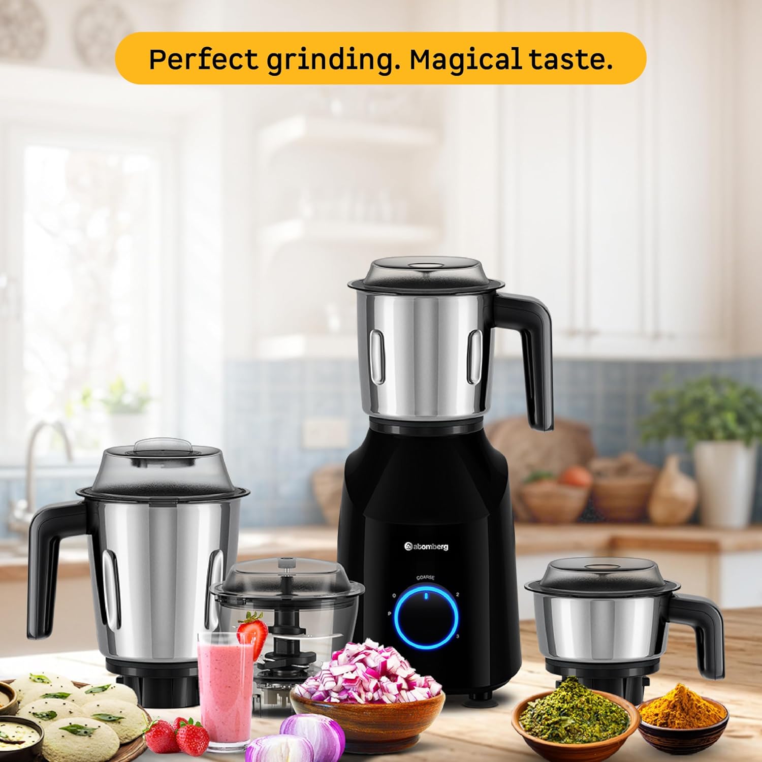Atomberg Yulia 750 Watt Mixer Grinder | 4 Multipurpose Jars including Chopper Jar | Coarse Mode for Silbatta-like Textures | Powerful Intelligent Motor | Advanced Safety Features | Gloss Black
