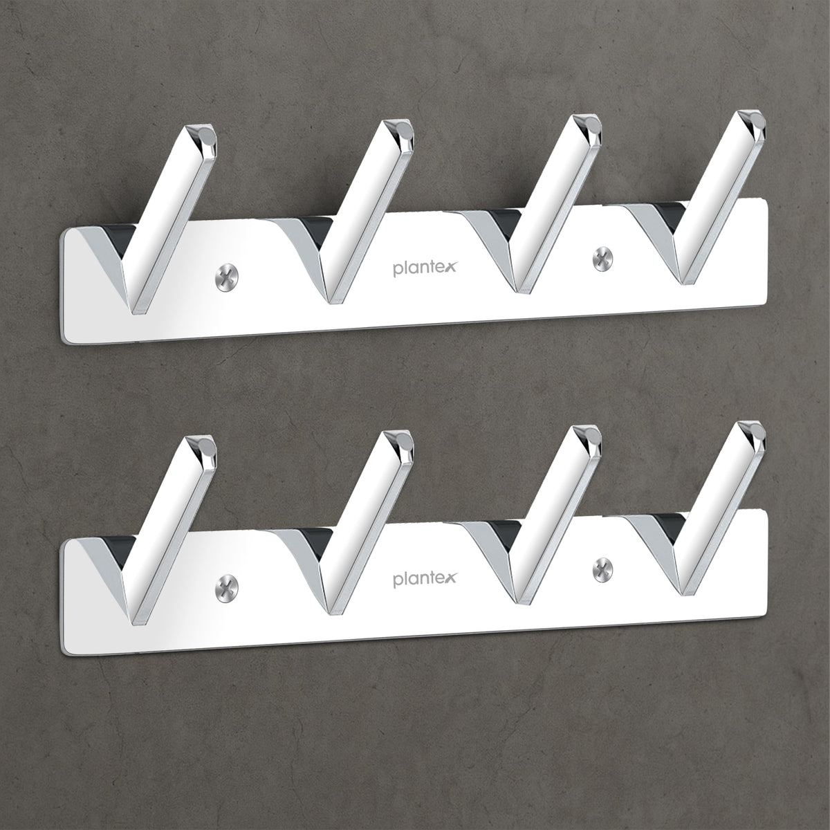 Plantex Wall Hooks for Hanging Cloth/Stainless Steel Towel Hangers/Bathroom Robe Hooks/Door Hangers/Square Wall Hook/Hook Rail for Hanging Keys - 4 Hooks (Pack of 2, Chrome)