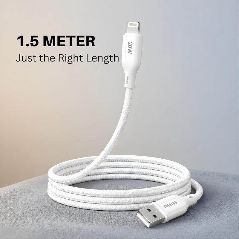 Philips DLC4150VW/94 20W iPhone Original Type-A to Lightning Fast Charging Cable (1.5m, Bright White)