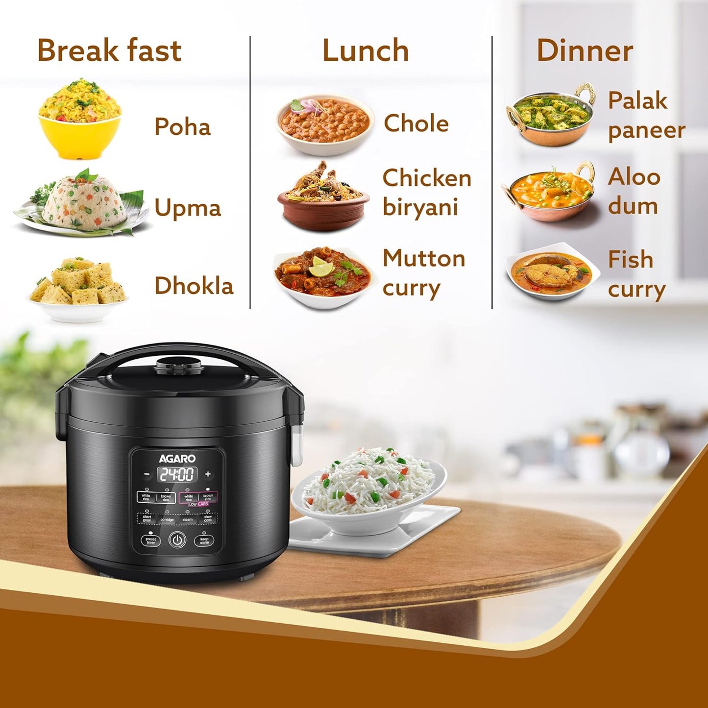 AGARO Regal Electric Rice Cooker, 3 Litres Ceramic Inner Bowl, 750gms (approx. 5 cups) raw rice, SS Steamer, Preset Cooking Functions, Preset Timer, Keep Warm Function, LED Display, Black
