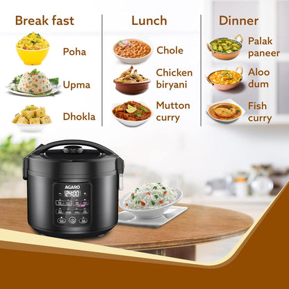 AGARO Regal Electric Rice Cooker, 3 Litres Ceramic Inner Bowl, 750gms (approx. 5 cups) raw rice, SS Steamer, Preset Cooking Functions, Preset Timer, Keep Warm Function, LED Display, Black