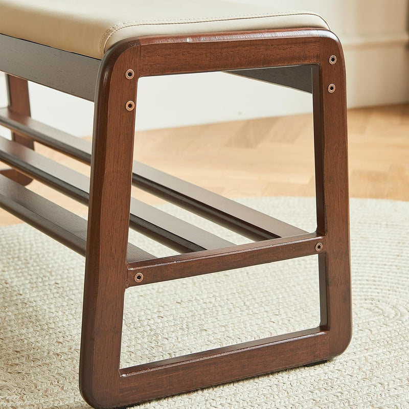 Mid-Century Elegant Wooden Shoe Bench with Padded Seat – 2-Tier Shoe Rack for Entryway, Living Room, or Bedroom