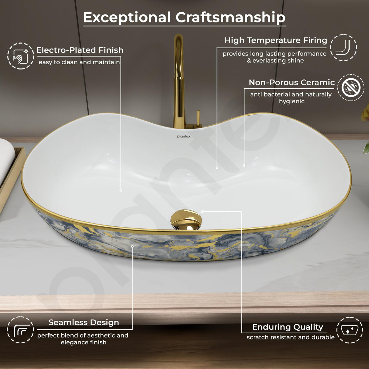 Plantex Ceramic Wash Basin/Table Top Hand Washbasin/Designer Countertop Basin for Bathroom/Restaurants/Hotel (24.5x12.5x 5.5 -White & Blue)-5