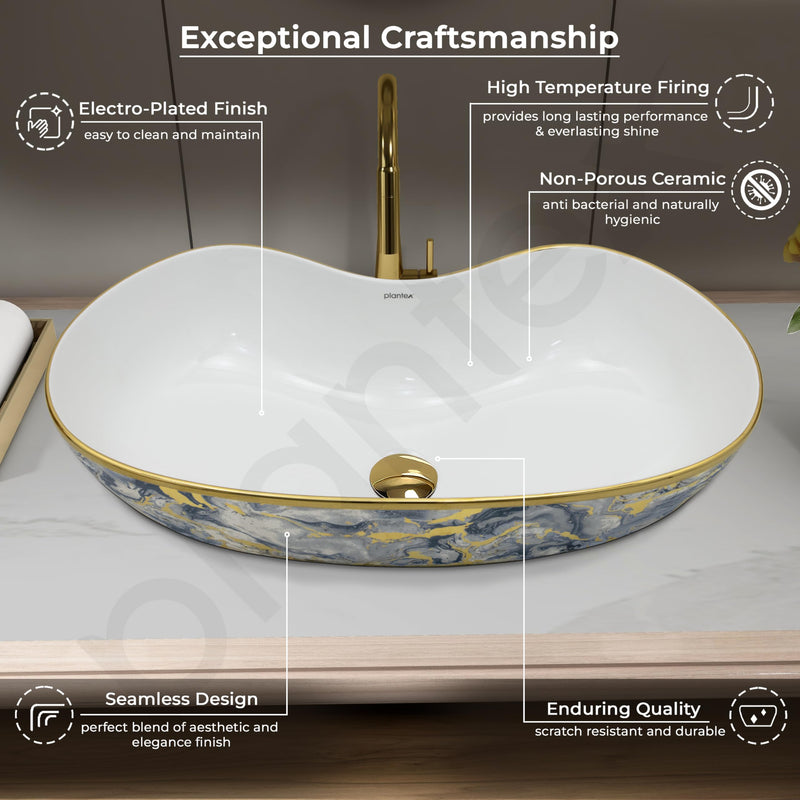 Plantex Ceramic Wash Basin/Table Top Hand Washbasin/Designer Countertop Basin for Bathroom/Restaurants/Hotel (24.5x12.5x 5.5 -White & Blue)-5