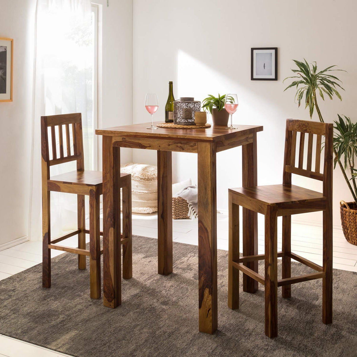 Solid Sheesham Wood Bar Dining Table 2 Seater Set Solid Wooden 2 Seater Bar Dining Table with Bar 2 Chairs Home