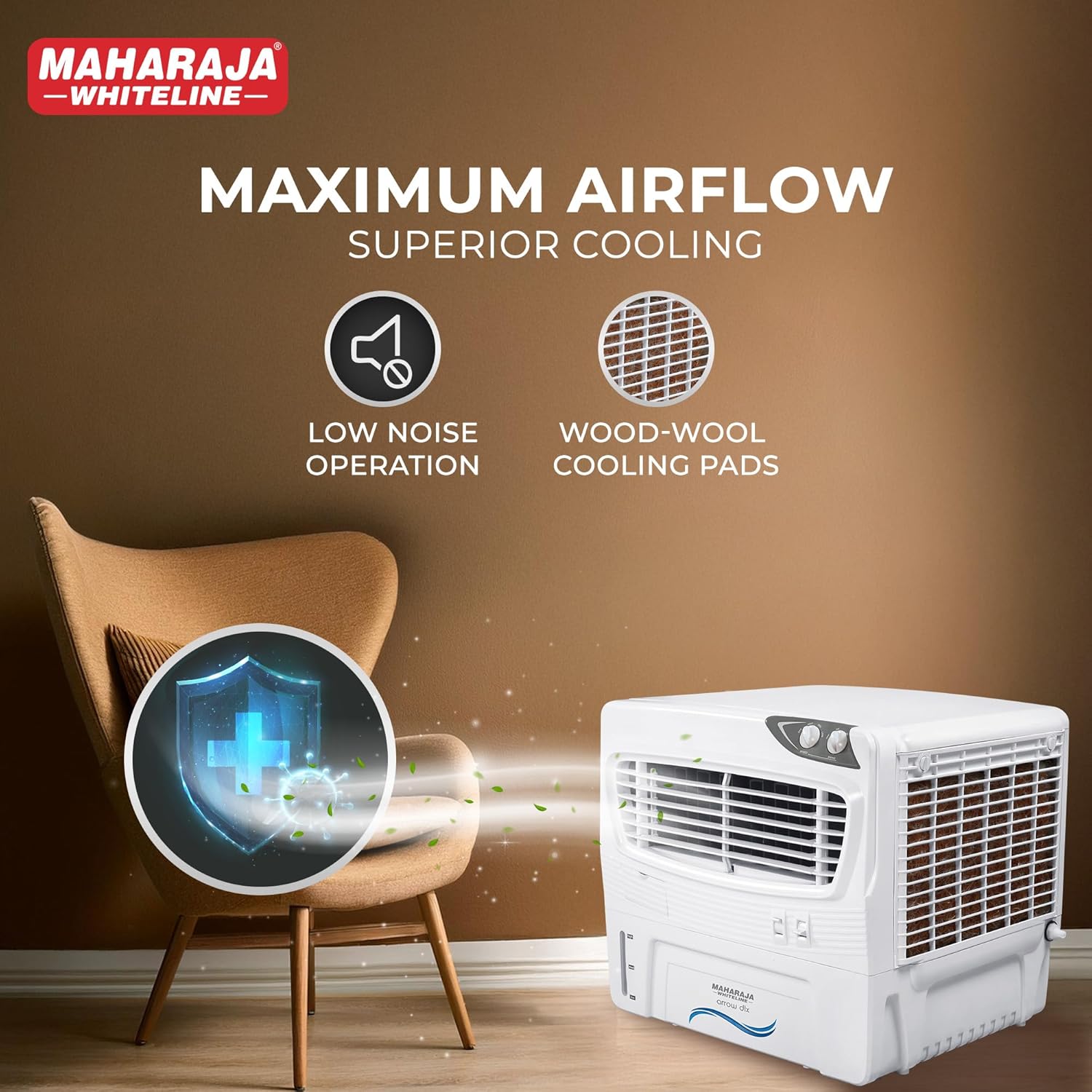 Maharaja Whiteline Arrow Deluxe Personal Air Cooler | 50 Litre Water Tank | High Delivery Rate of 2500CMH | Air Flow of 10.67 Meters | Air Cooler | 715x595x615 mm | White and Grey | 2 Yr Warranty