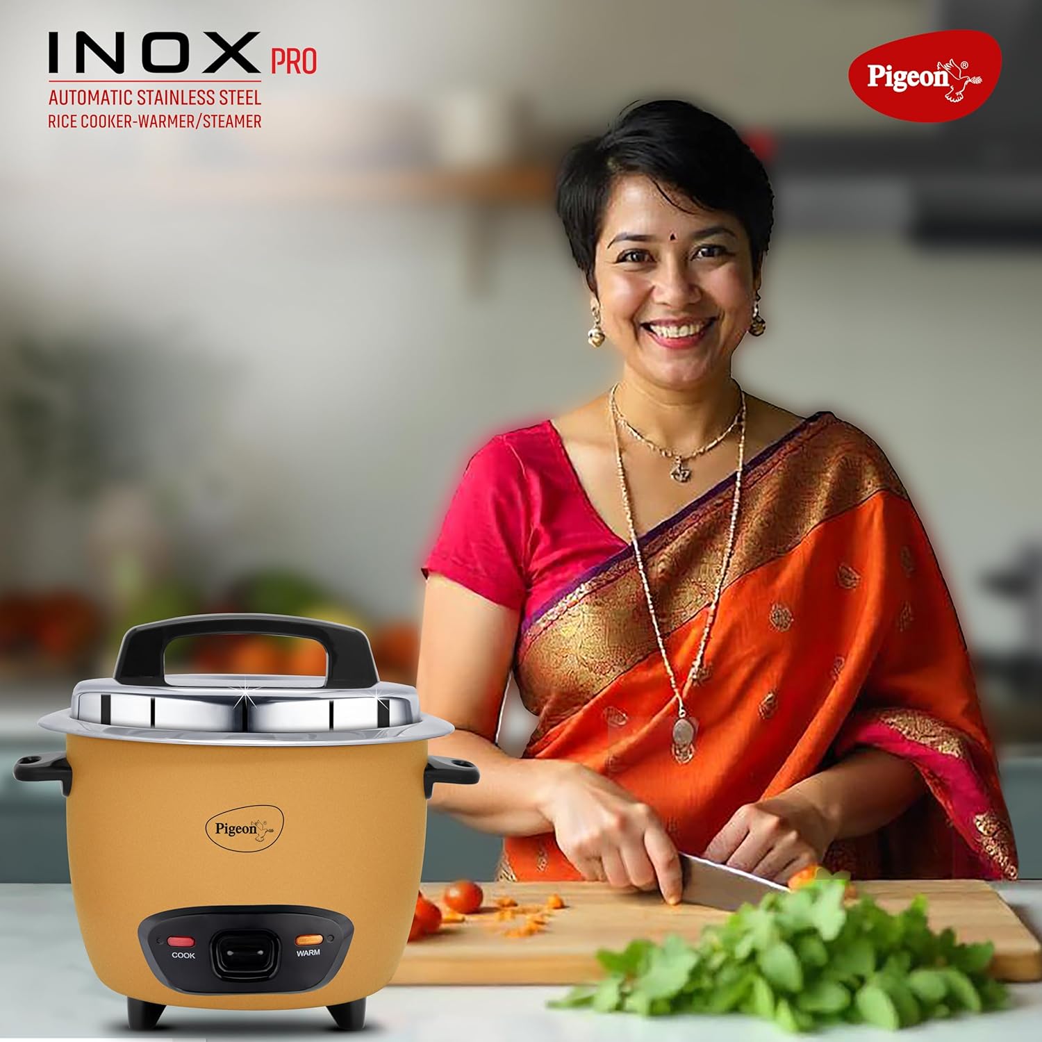 Pigeon Inox Pro Rice Cooker with Steamer, 1.8 litres | Stainless Steel Lid | 700 Watts | 1 Steel Cooking Pot | Measuring Cup | Spatula | Energy Efficient Cooking (Yellow)