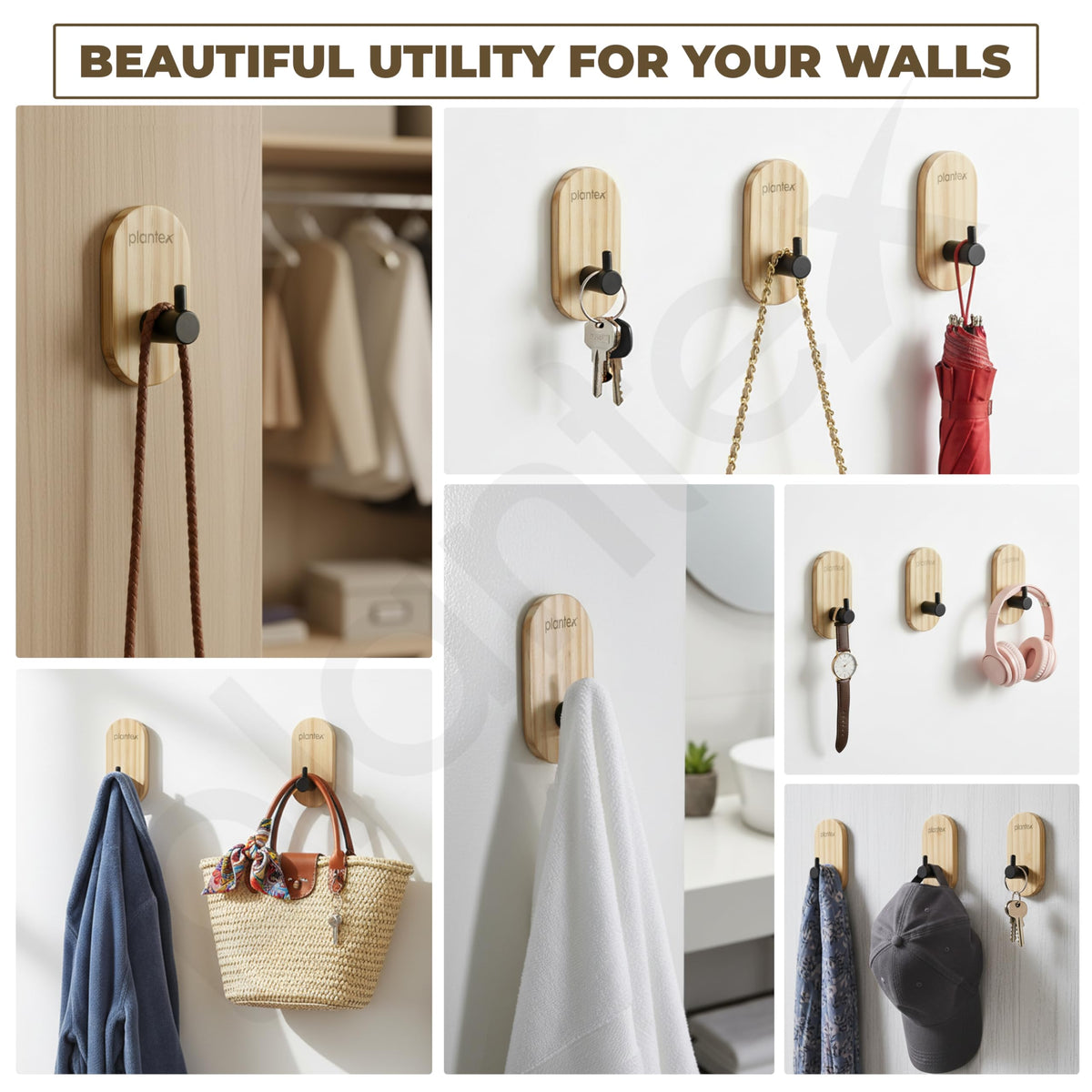Plantex Wooden Wall Hanging Hook/Bath Towel Hook/Self Adhesive Capsule Robe Hooks for Kitchen/Bathroom/Stylish Home Decor Items - Pack of 4 (Black Wooden)-5