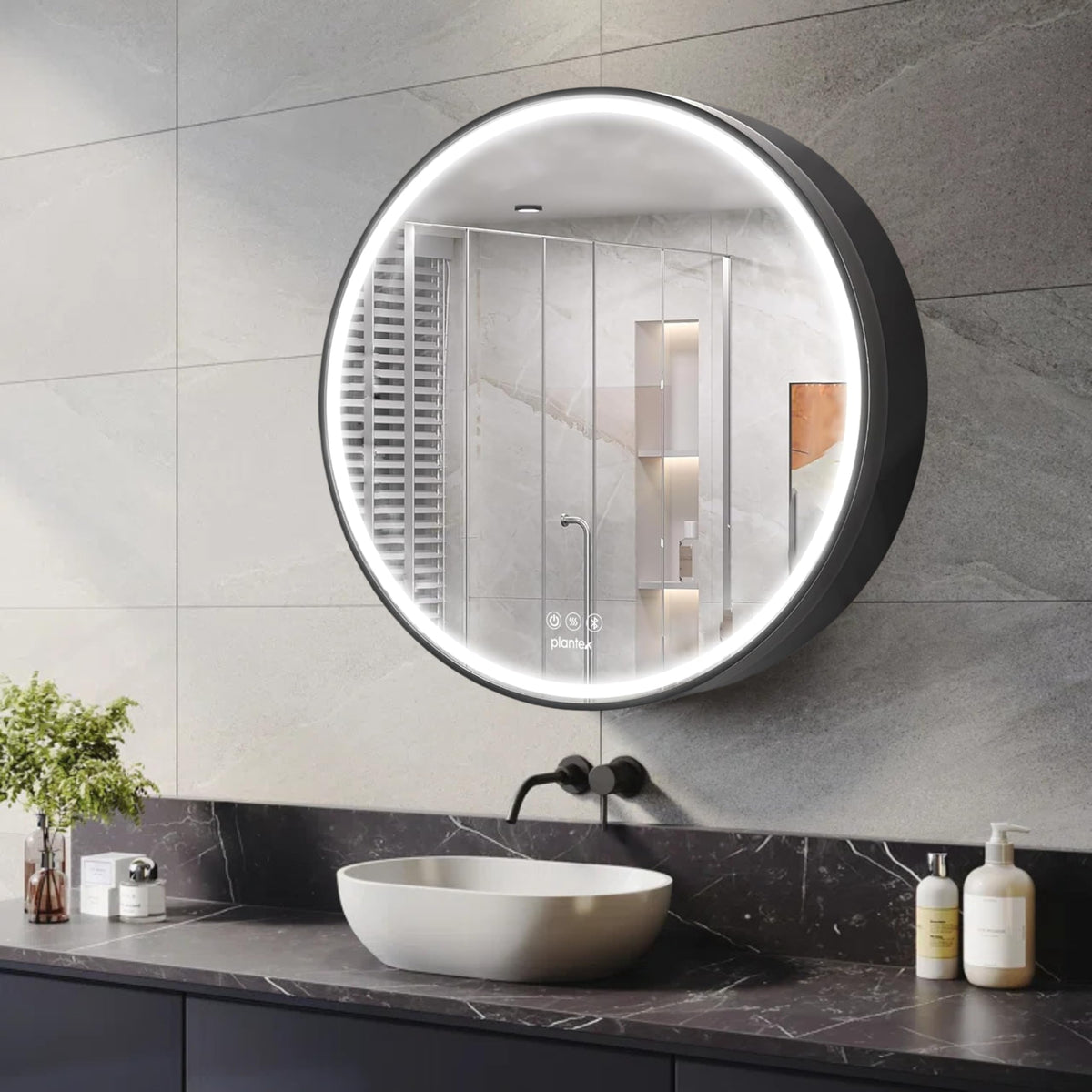 Plantex Bathroom Cabinet with Mirror/Aluminium Framed Bathroom Cabinet Storage/Round LED Mirror Cabinet for Bathroom Wall/Bathroom Organiser Cabinet (24x24 Inch, Defogger & Bluetooth - Black)-1