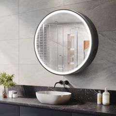 Plantex Bathroom Cabinet with Mirror/Aluminium Framed Bathroom Cabinet Storage/Round LED Mirror Cabinet for Bathroom Wall/Bathroom Organiser Cabinet (24x24 Inch, Defogger & Bluetooth - Black)-1
