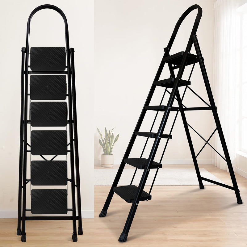 HOUZA Steel Ladder for Home 7 Steps Foldable with Anti-Skid Wide Steps (30cm x 20cm) | 7 Step Ladder for Home Use with D-Shape Rods | Secure Lock | 150 Kg Capacity Folding Ladder | 5 Year Warranty