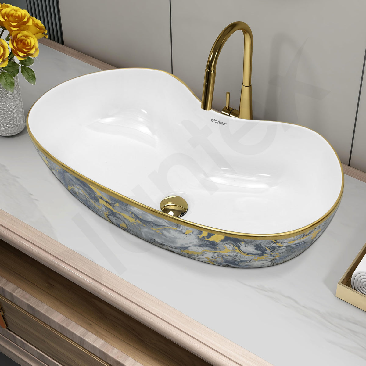 Plantex Ceramic Wash Basin/Table Top Hand Washbasin/Designer Countertop Basin for Bathroom/Restaurants/Hotel (24.5x12.5x 5.5 -White & Blue)-6