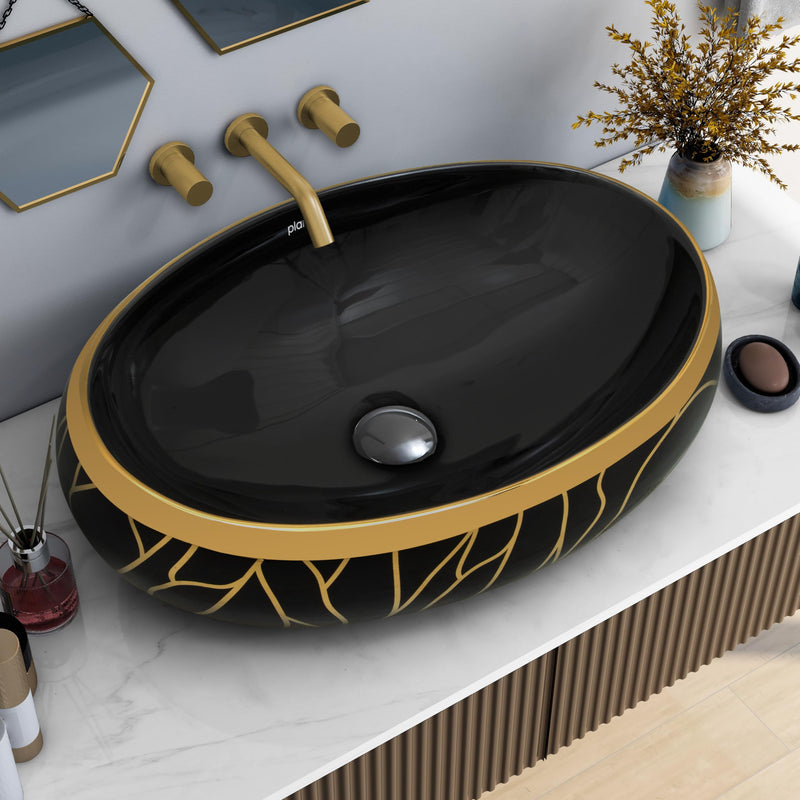 Plantex Black Wash Basin for Bathroom/Table Top Ceramic Basin/Oval Hand Wash Sink for Home/Hotel (23.5x16x6 Inch - Black&Gold)-1